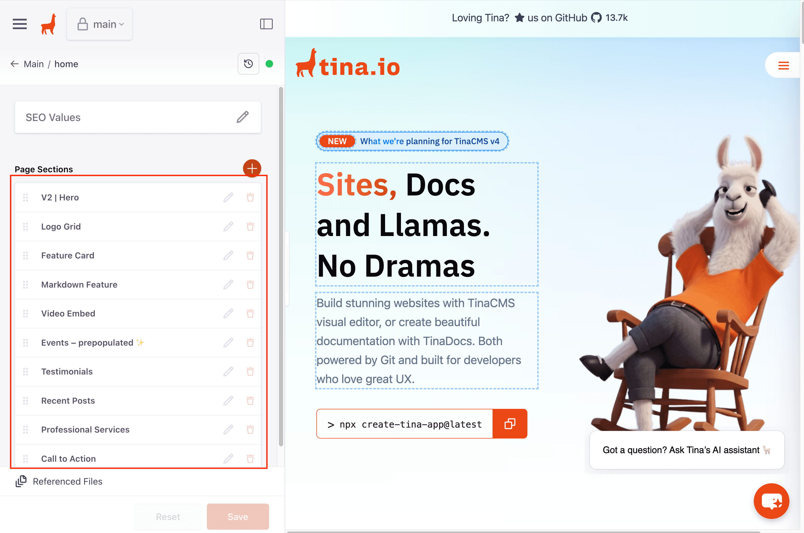 TinaCMS admin editor listing the page's 10 section blocks next to the live preview