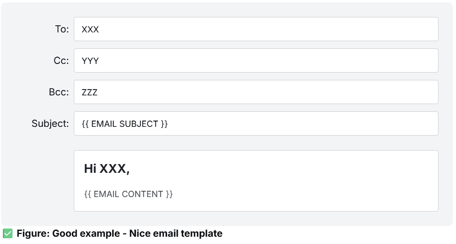 Rendered email template with To, Cc, Bcc, and Subject fields above a sample greeting