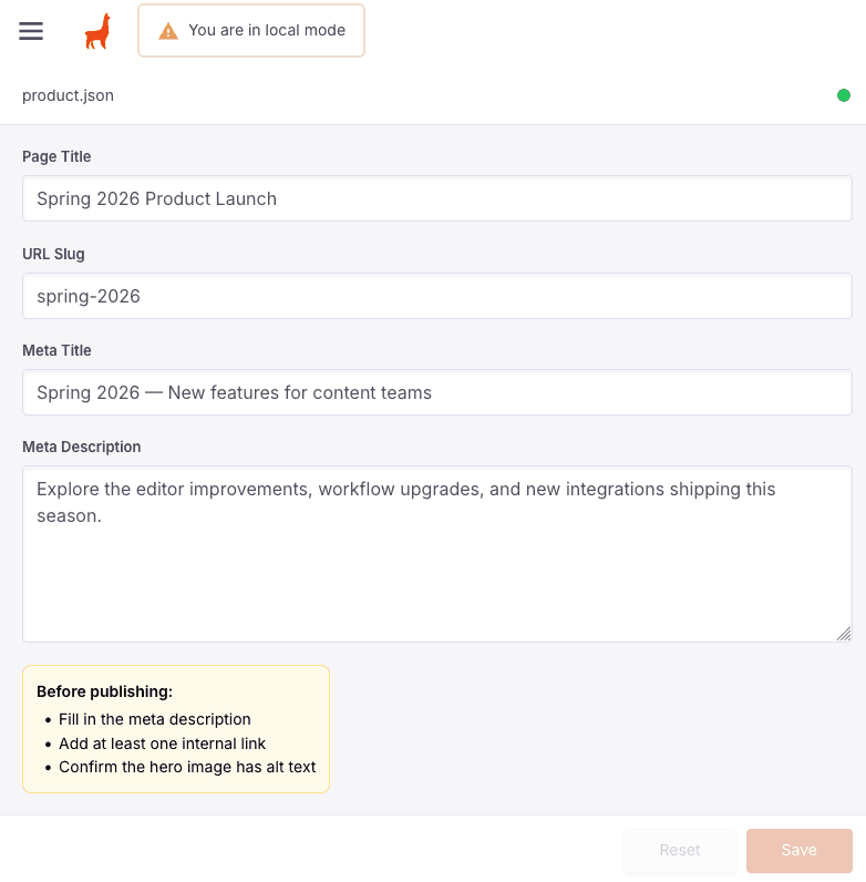Landing page form with a custom SEO checklist component rendered below the Meta Description field
