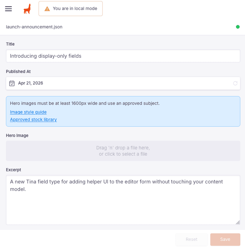 Blog post form with an InfoBox showing image guidelines and two links above the Hero Image field