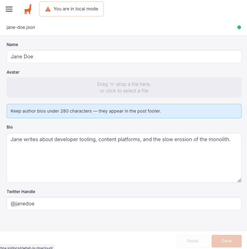Author form with an InfoBox reminder above the Bio field