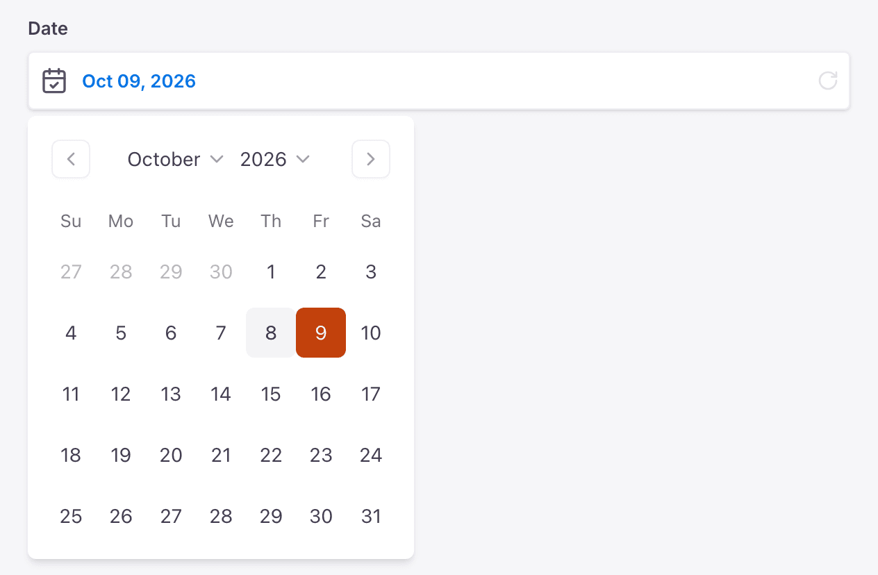 Date field with its calendar open